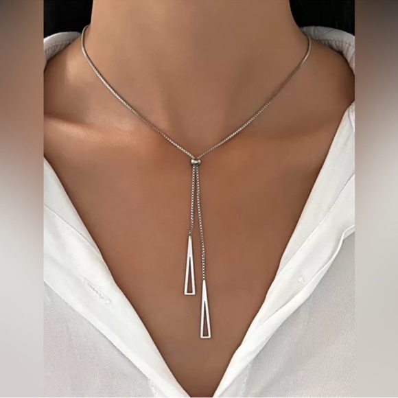 Silver Plated Stainless Steel Triangle Lariat Necklace - Picture 1 of 3